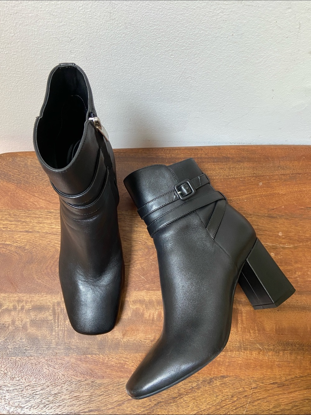 Nine West Quena 9X9 Black Leather Ankle Booties Square Toe Block Heel